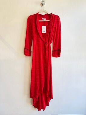 Ganni Red Polka Dot Wrap Dress with Tie Waist